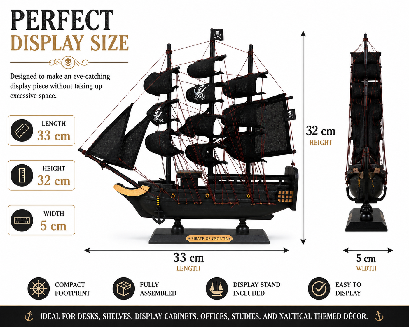Pirate of Croatia Wooden Pirate Ship Model 1Z Handcrafted Sailing Ship Display 33 cm