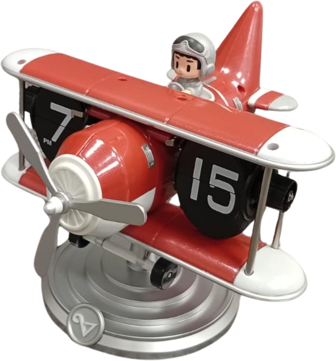 Red model airplane clock with a pilot figure on a white background