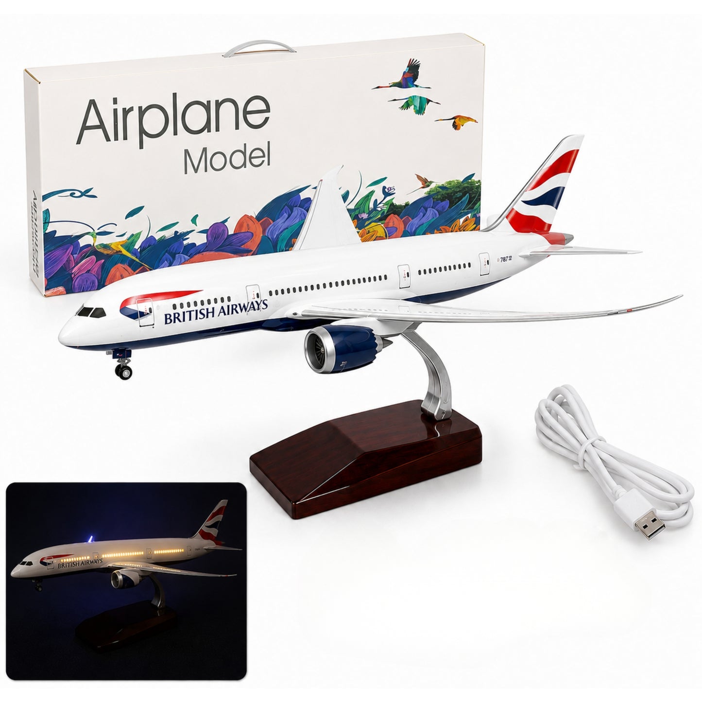 Model airplane with USB light on a white background, featuring British Airways branding.