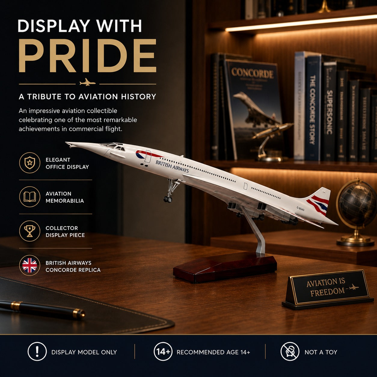 Model Concorde airplane on a wooden stand with books and decor in the background, labeled 'Display with Pride'.