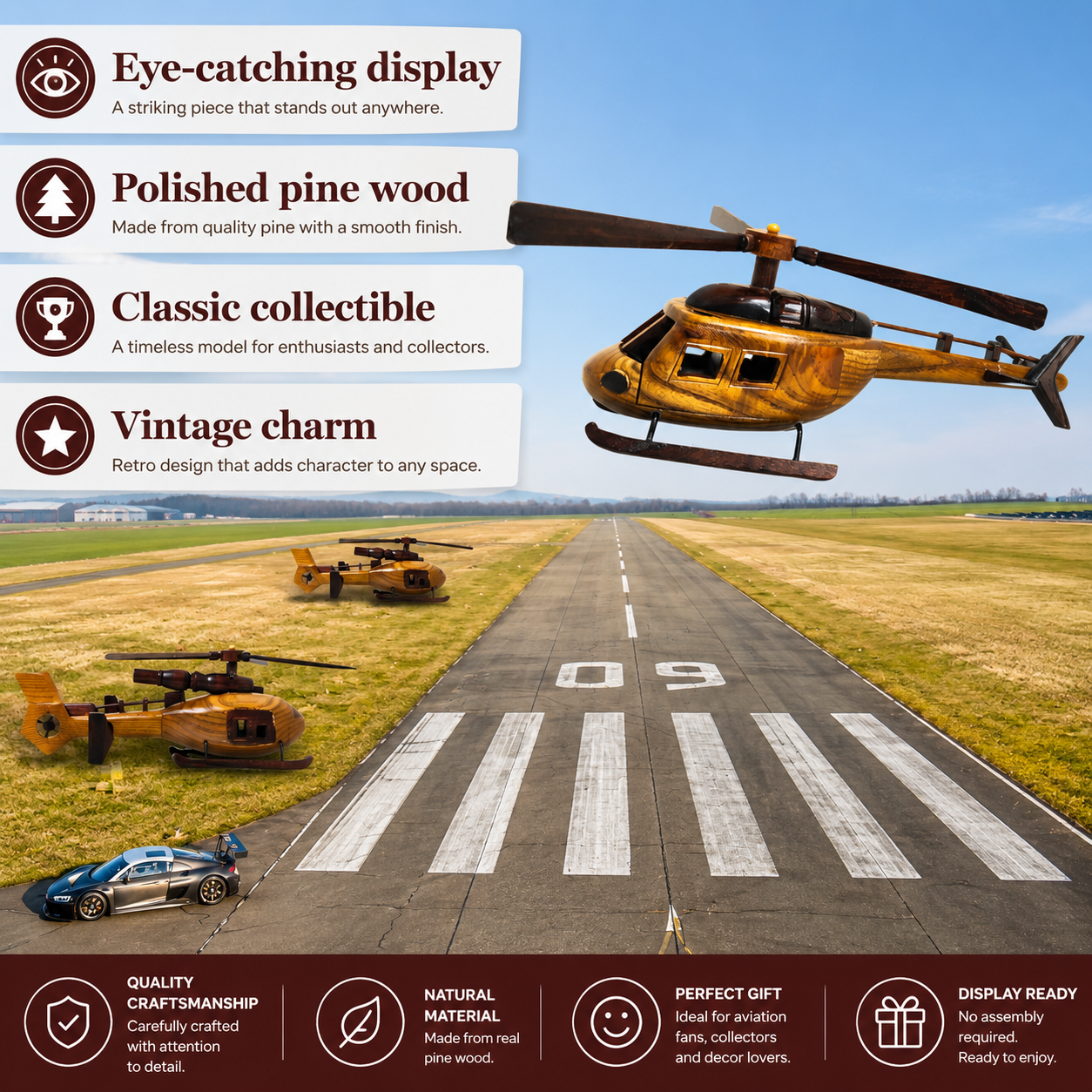 Aero Range Handcrafted Wooden Vintage Helicopter Model 30 cm - Authentic Replicas & Models