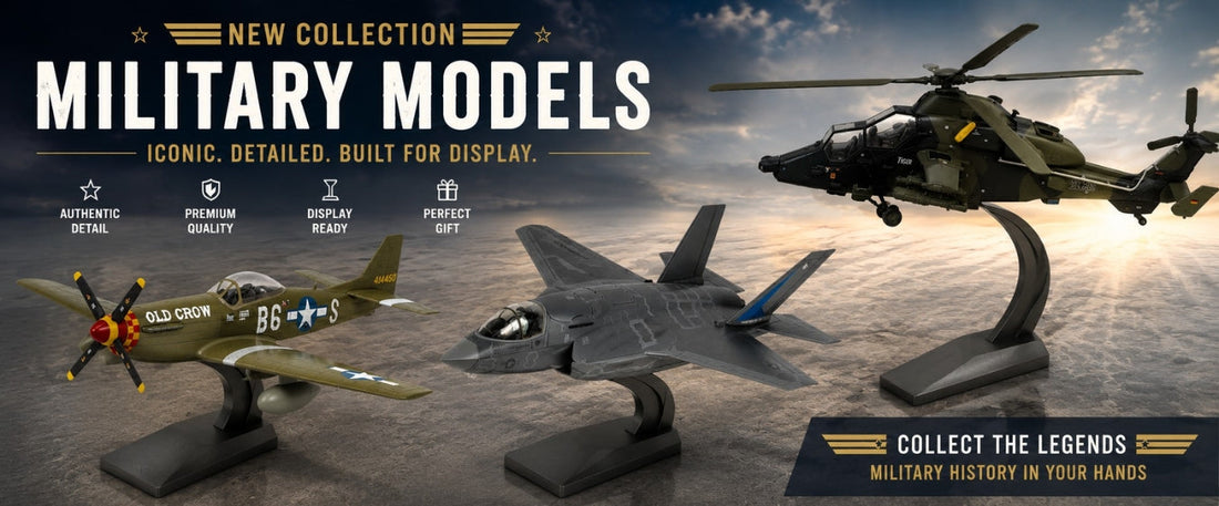 Military model aircraft collection featuring detailed F-35 Lightning II, AH-64 Apache helicopter and World War II fighter plane display models on stands, ideal for collectors and military aviation enthusiasts.