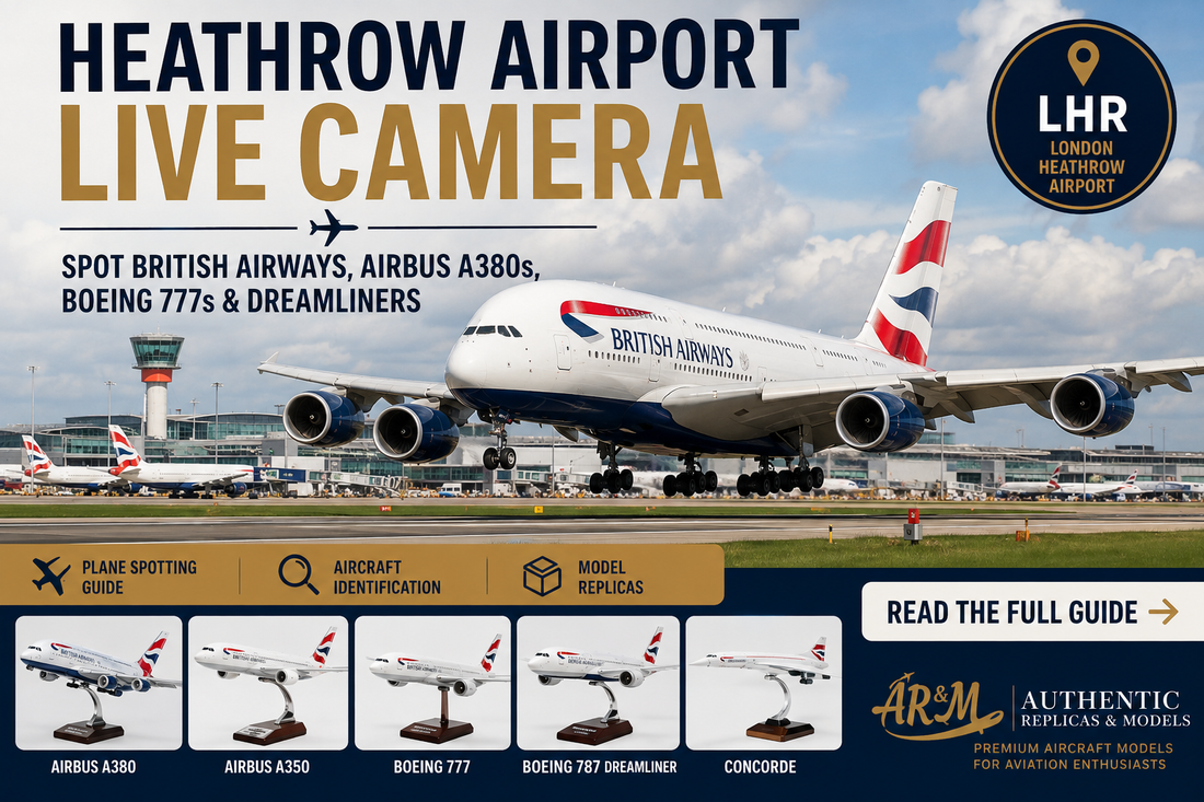 Heathrow Airport live camera featuring British Airways aircraft including the Airbus A380, Airbus A350, Boeing 777 and Boeing 787 Dreamliner for plane spotting and model aircraft enthusiasts.
