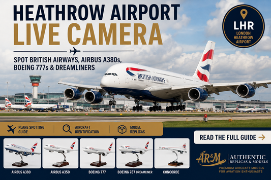 Heathrow Airport live camera featuring British Airways aircraft including the Airbus A380, Airbus A350, Boeing 777 and Boeing 787 Dreamliner for plane spotting and model aircraft enthusiasts.