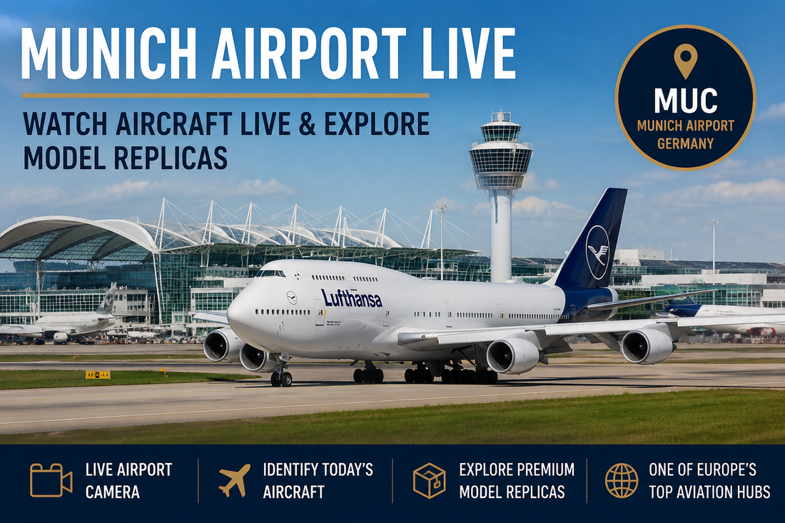 Munich Airport live camera guide featuring Lufthansa aircraft at Munich Airport with plane spotting information and commercial airline model replicas.