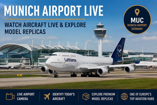 Munich Airport live camera guide featuring Lufthansa aircraft at Munich Airport with plane spotting information and commercial airline model replicas.