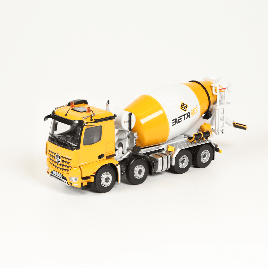NZG Mercedes-Benz Arocs 8x4 BETAMIX Concrete Mixer Truck of a yellow and white concrete mixer truck on a white background