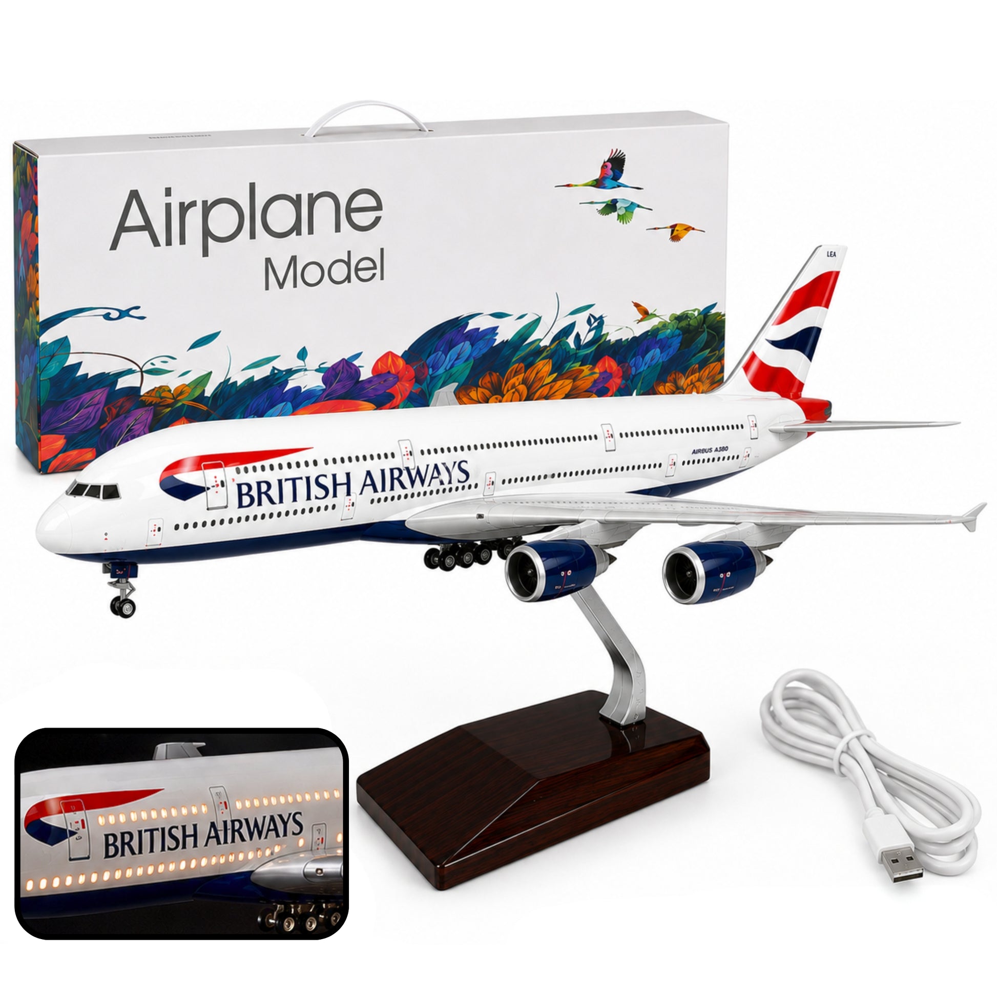 British Airways Airbus A380 Model airplane of British Airways with packaging, remote control, and USB cable on a white background