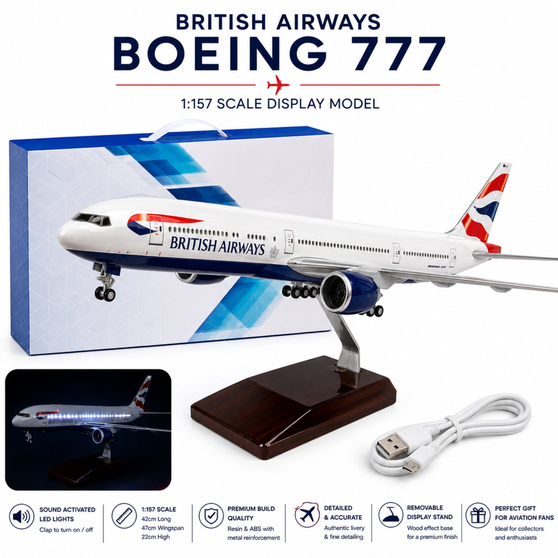 Model airplane of British Airways Boeing 777 with packaging and accessories on a white background