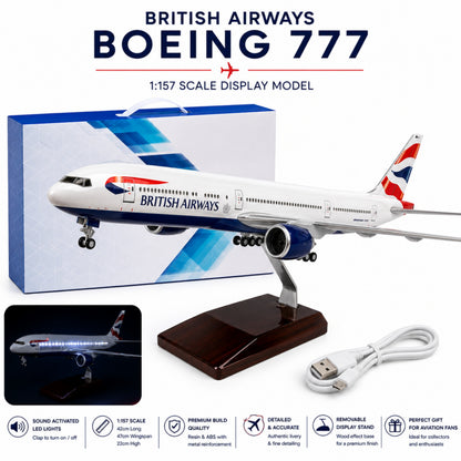 Model airplane of British Airways Boeing 777 with packaging and accessories on a white background
