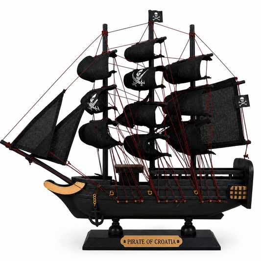 Model of a pirate ship with black sails and a flag, on a white background.