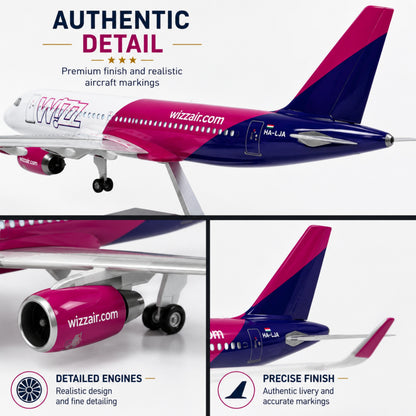 Model airplane with Wizz Air branding, showing detailed engines and accurate markings.