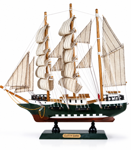 Model ship of the Cutty Sark on a white background