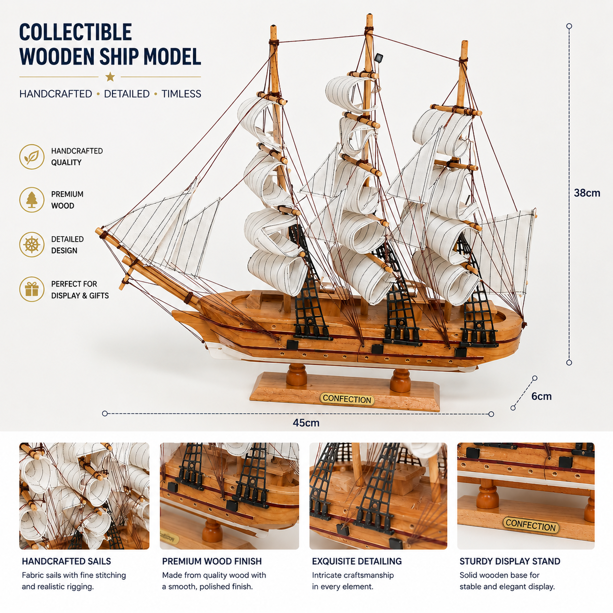 Handcrafted Wooden Tall Ship Model 2F – 45cm Nautical Sailing Ship Replica
