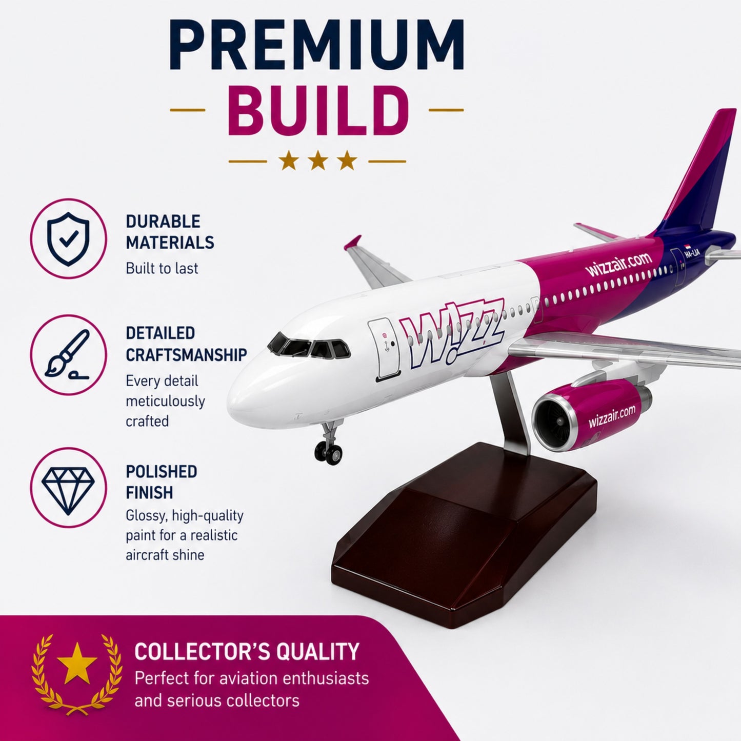 Model airplane with Wizz Air branding on a white background, featuring text about premium build quality.