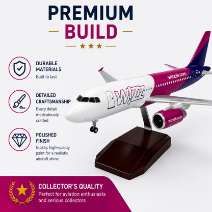 Model airplane with Wizz Air branding on a white background, featuring text about premium build quality.