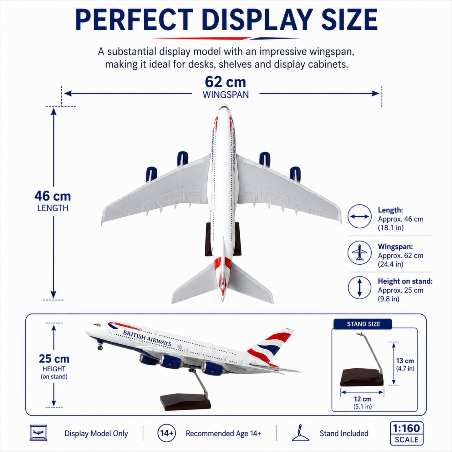 British Airways Airbus A380 Model airplane with dimensions and features displayed on a white background