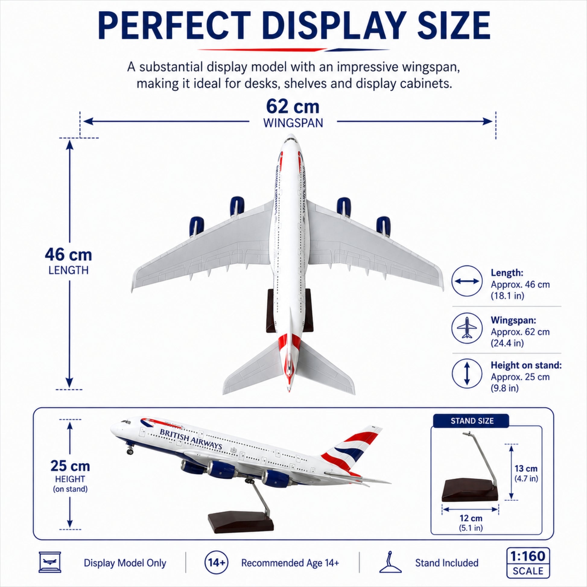 British Airways Airbus A380 Model airplane with dimensions and features displayed on a white background