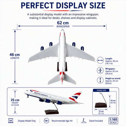 British Airways Airbus A380 Model airplane with dimensions and features displayed on a white background