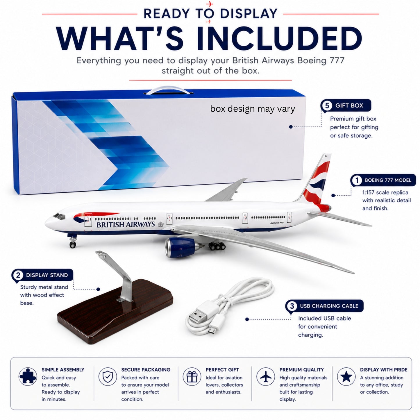 British Airways Boeing 777 model airplane with packaging, display stand, and USB cable on a white background.