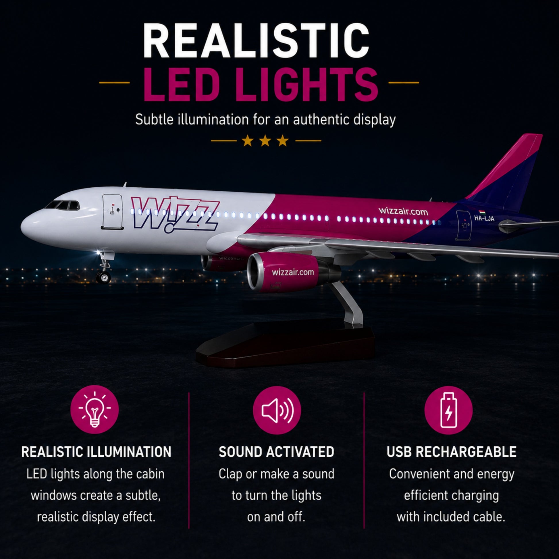 Wizz Air airplane model with LED lights on a dark background