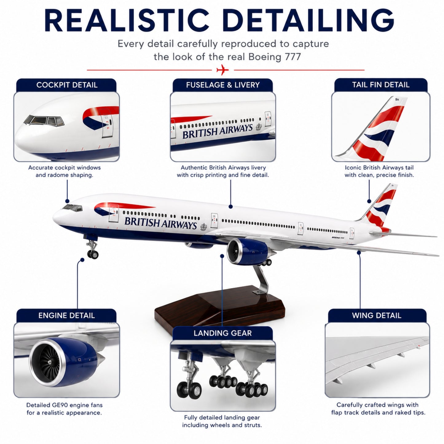 Model 777 airplane with British Airways livery, showcasing detailed features on a white background.