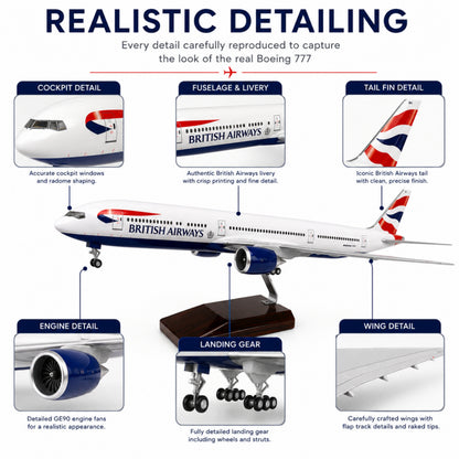 Model 777 airplane with British Airways livery, showcasing detailed features on a white background.