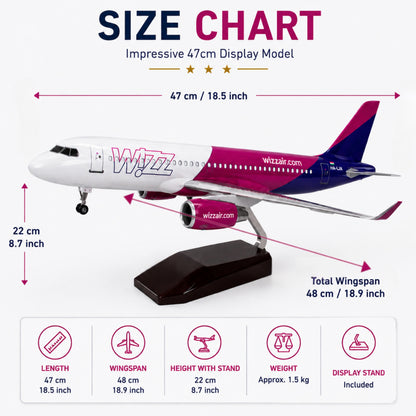 Wizz Air airplane model with size chart on a white background