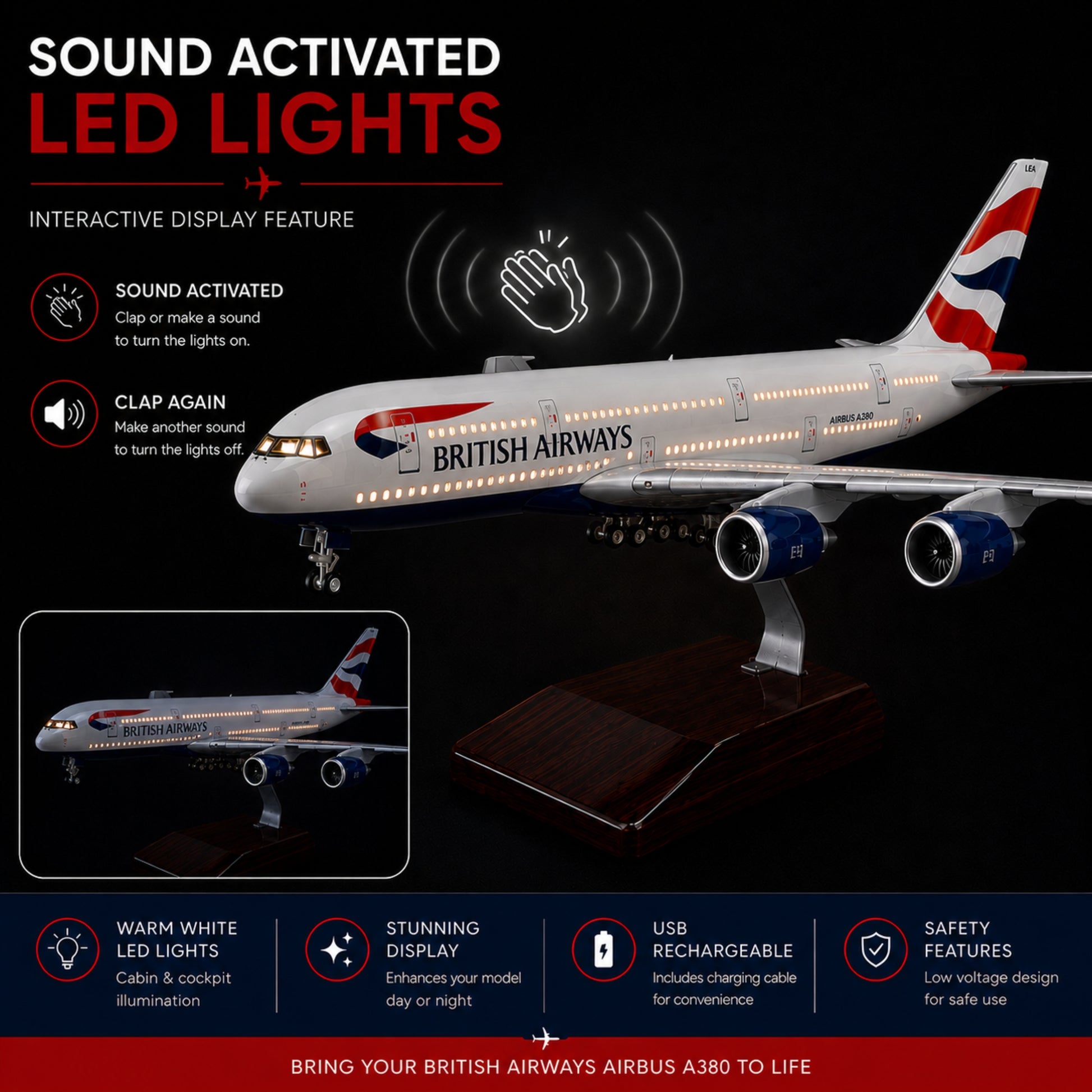 British Airways Airbus A380 Model of a British Airways Airbus A380 with sound-activated LED lights on a dark background