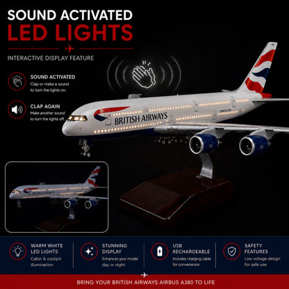 British Airways Airbus A380 Model of a British Airways Airbus A380 with sound-activated LED lights on a dark background