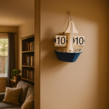 Ship Deck Flip Clock Wall Hanging Retro Nautical with Automatic Flip Panels AM PM Display Decorative Boat Style Desk Shelf Timepiece blue black (Black)