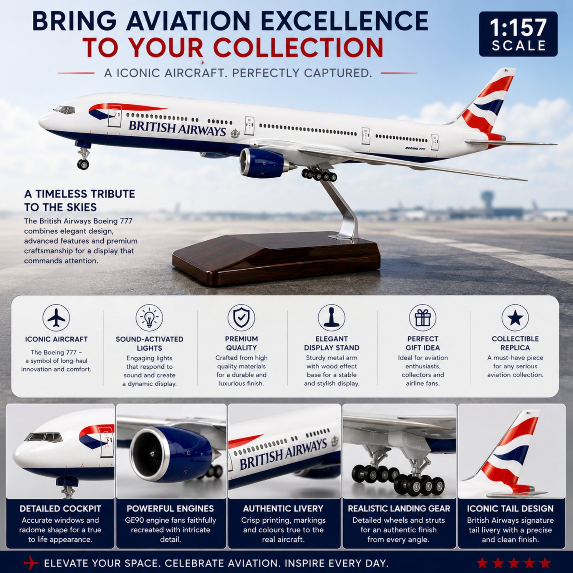 Model British Airways Boeing 777 airplane on a stand with promotional text about aviation excellence