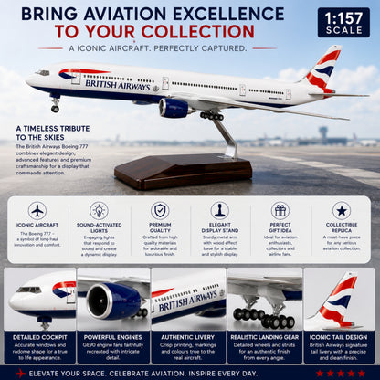 Model British Airways Boeing 777 airplane on a stand with promotional text about aviation excellence
