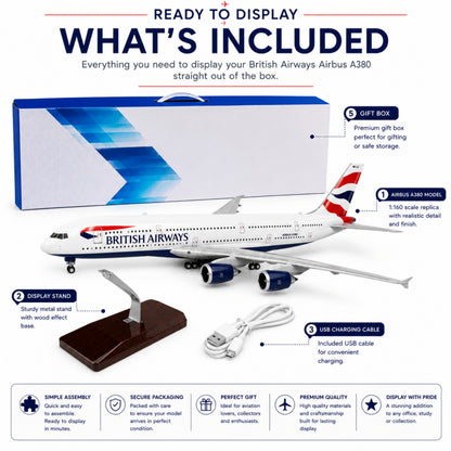 British Airways Airbus A380 British Airways Airbus A380 model with packaging, display stand, and USB cable on a white background.