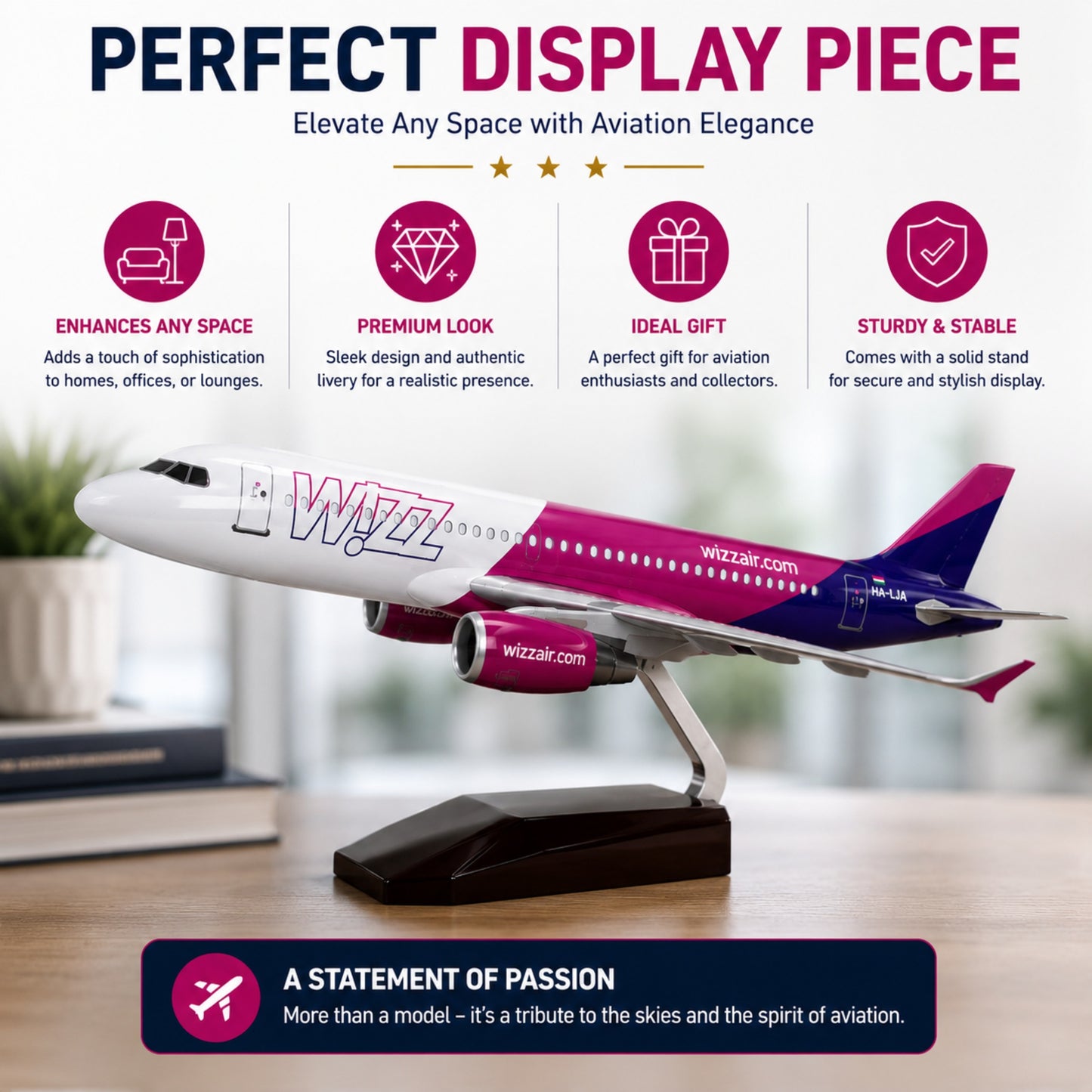 Model airplane with Wizz Air livery on a stand, featuring text about its features.