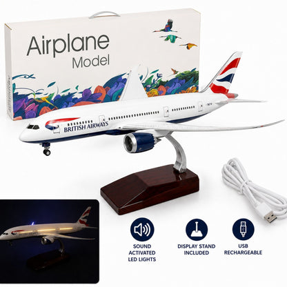Model airplane with British Airways branding, packaging, and USB cable on a white background