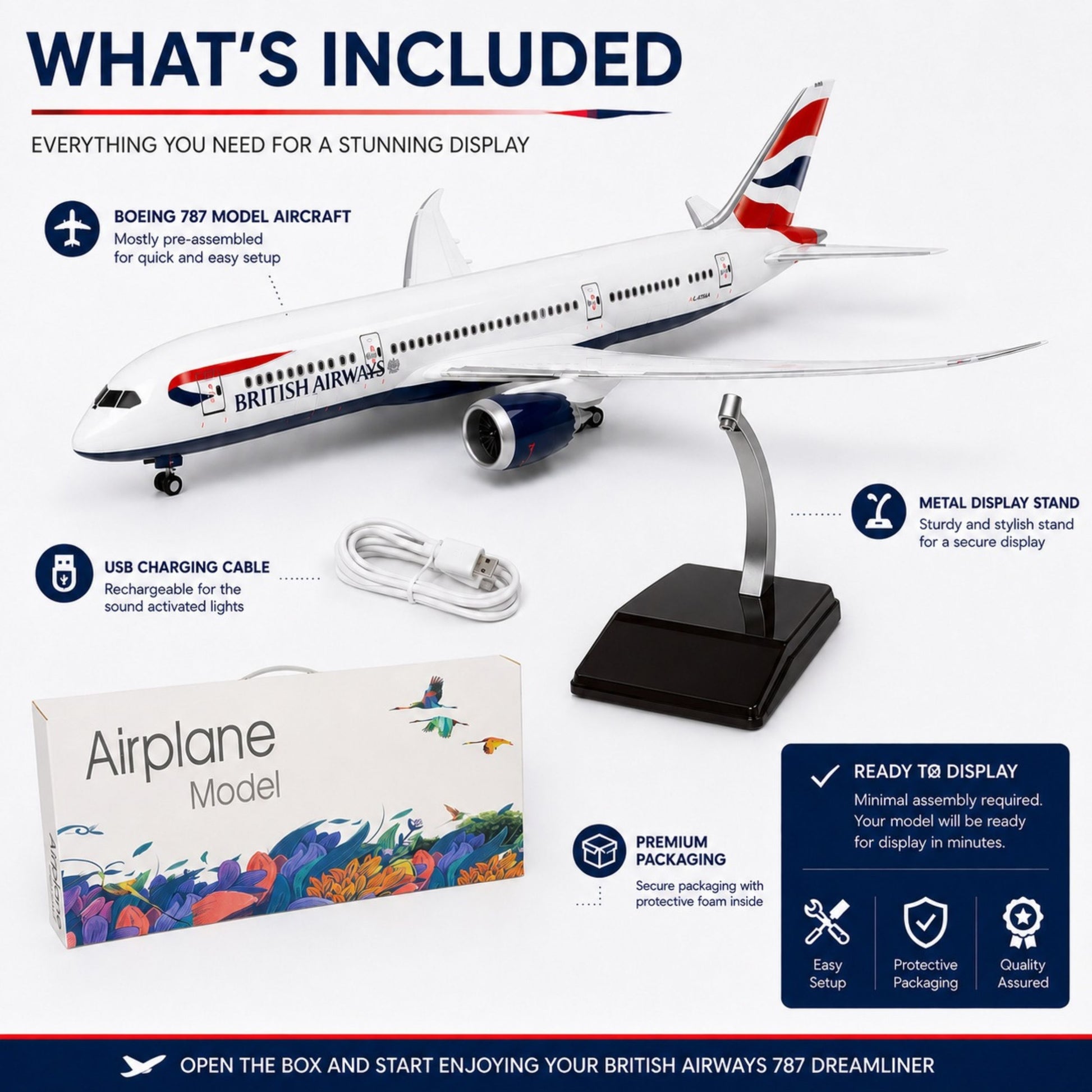 British Airways model airplane with packaging, USB cable, and display stand on a white background