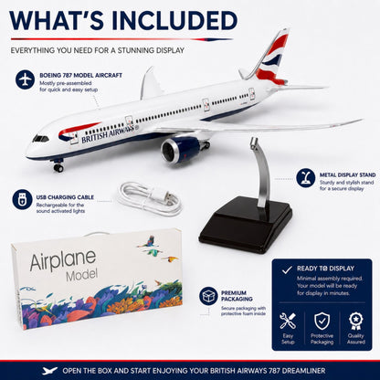 British Airways model airplane with packaging, USB cable, and display stand on a white background