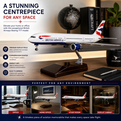 British Airways Boeing 777 model airplane on a stand with promotional text and images of its use in various settings.