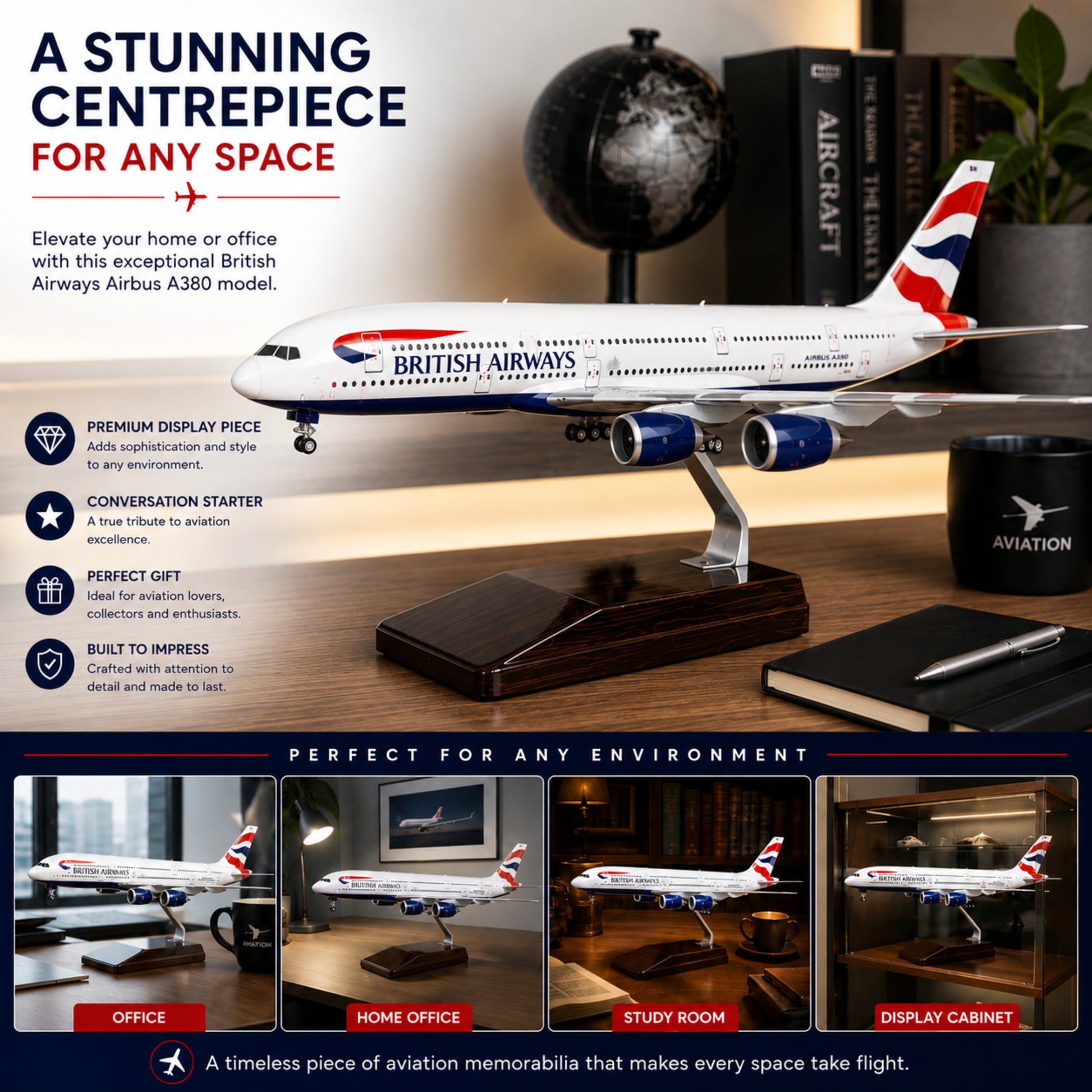 British Airways Airbus A380 Model British Airways Airbus A380 on a wooden stand with promotional text and usage scenarios.