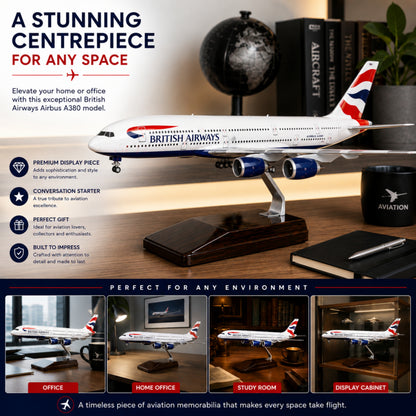 British Airways Airbus A380 Model British Airways Airbus A380 on a wooden stand with promotional text and usage scenarios.