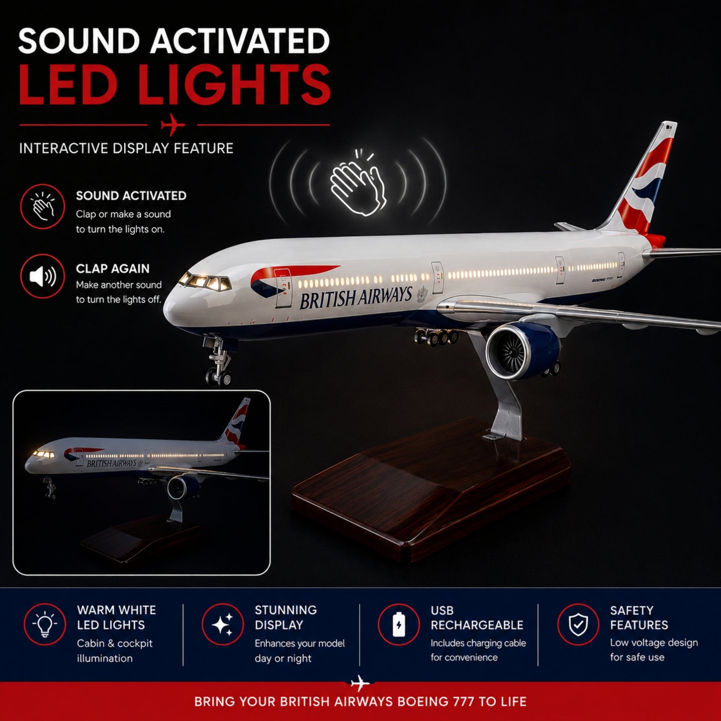 Model airplane with British Airways logo featuring sound-activated LED lights on a dark background.