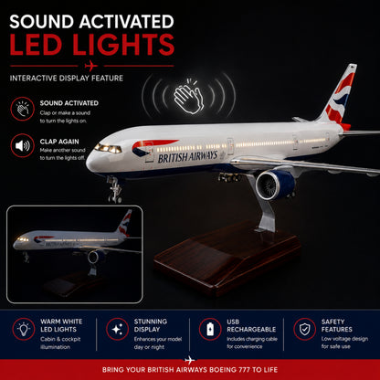 Model airplane with British Airways logo featuring sound-activated LED lights on a dark background.