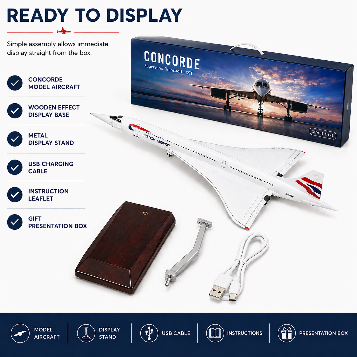 Concorde model airplane set with packaging, USB charging cable, and wooden display stand on a white background.