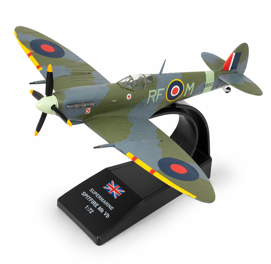 Model of a Supermarine Spitfire aircraft on a stand with a white background