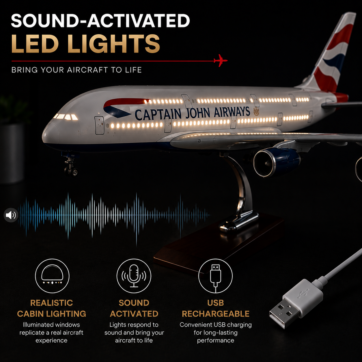 A Captain John Airways model airplane on a display stand with illuminated LED cabin lights, shown on a dark background with promotional text, a soundwave graphic, and a USB charging cable.