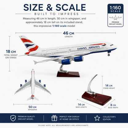 A size and scale infographic for a 1:160 scale diecast model of a Dawns Airways passenger airplane. The image displays the model on its display stand from multiple angles, with dimension lines indicating its length (46 cm), wingspan (50 cm), and total height (18 cm) on its included stand.