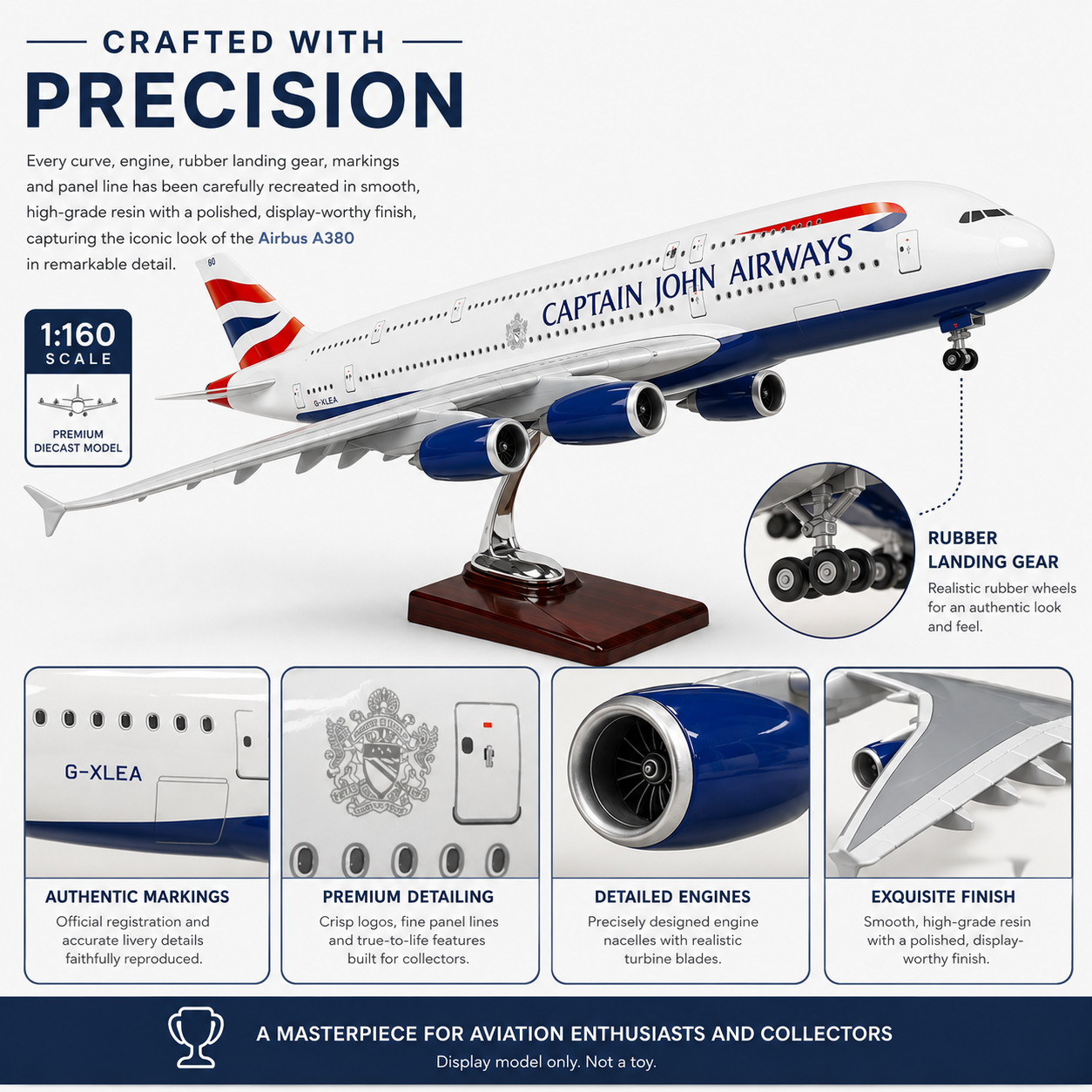 A 1:160 scale model of a Captain John Airways Airbus A380 on a wooden display stand, presented on a white background with feature callouts and text highlighting its authentic markings, premium detailing, and rubber landing gear.