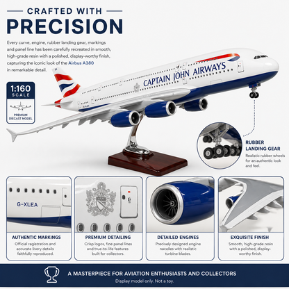 A 1:160 scale model of a Captain John Airways Airbus A380 on a wooden display stand, presented on a white background with feature callouts and text highlighting its authentic markings, premium detailing, and rubber landing gear.