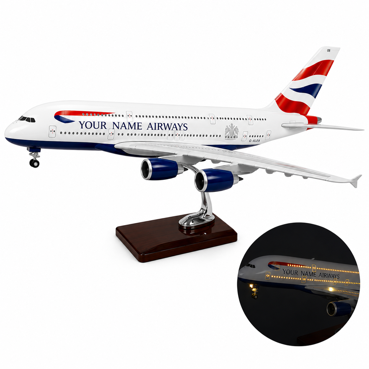 A white model airplane on a dark wooden display stand, shown on a light gray background with a circular inset demonstrating the illuminated window lights. The plane features red, white, and blue livery with the text 'YOUR NAME AIRWAYS'.